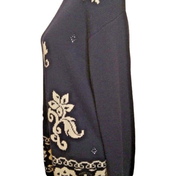 Liz Claiborne Womens Top Medium/ Black w White Floral 100% Merino Wool Sweater - Picture 12 of 13